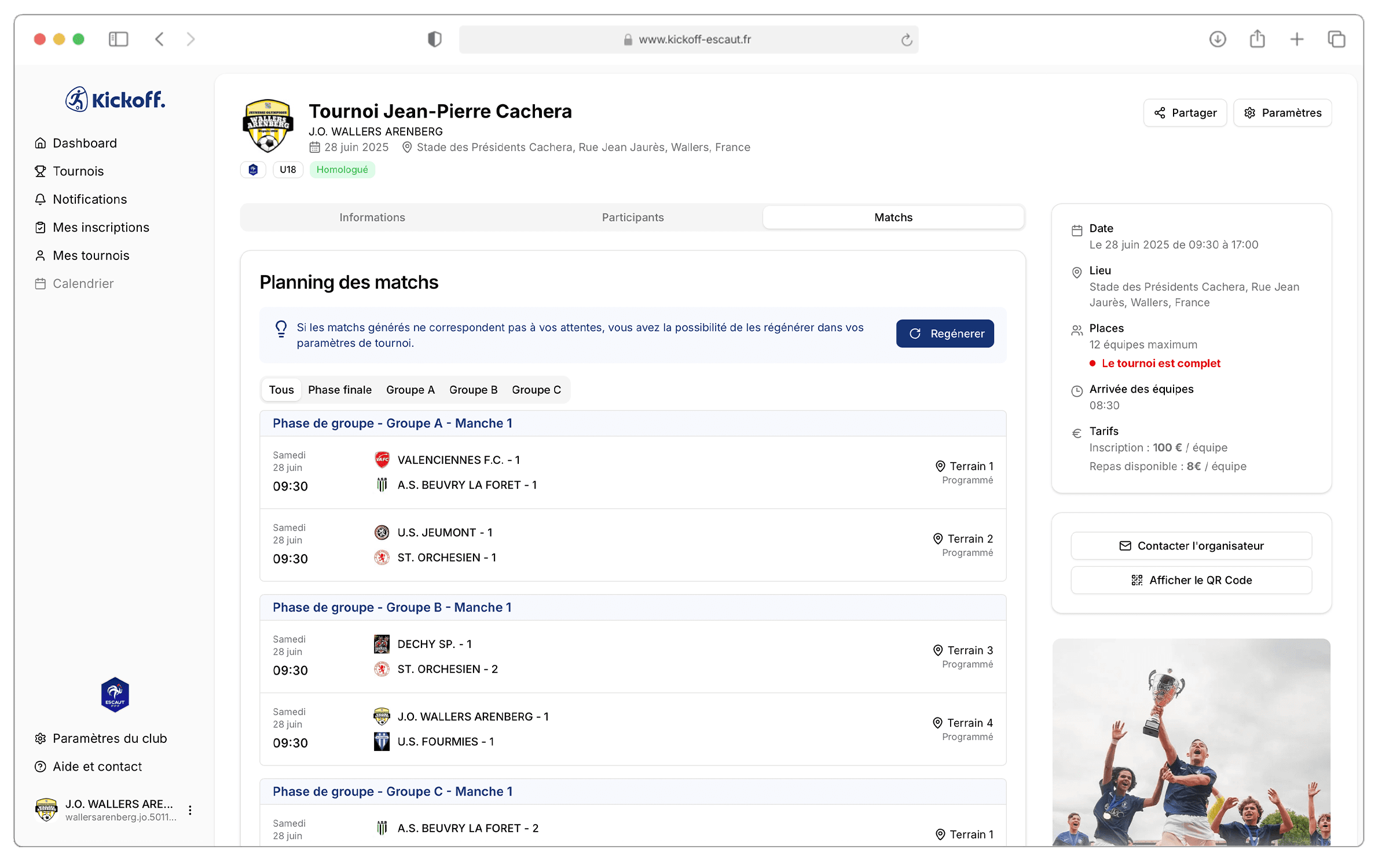 Visualisation de la page d'un tournoi