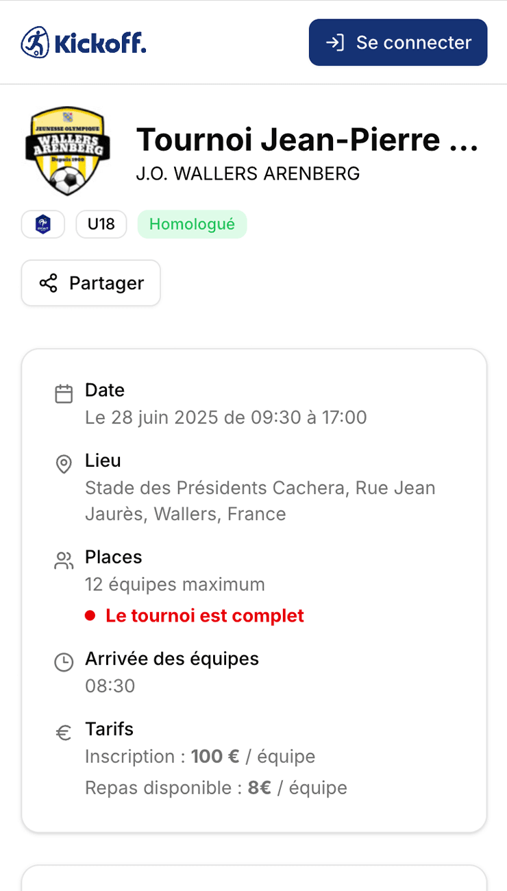 Visualisation de la page d'un tournoi